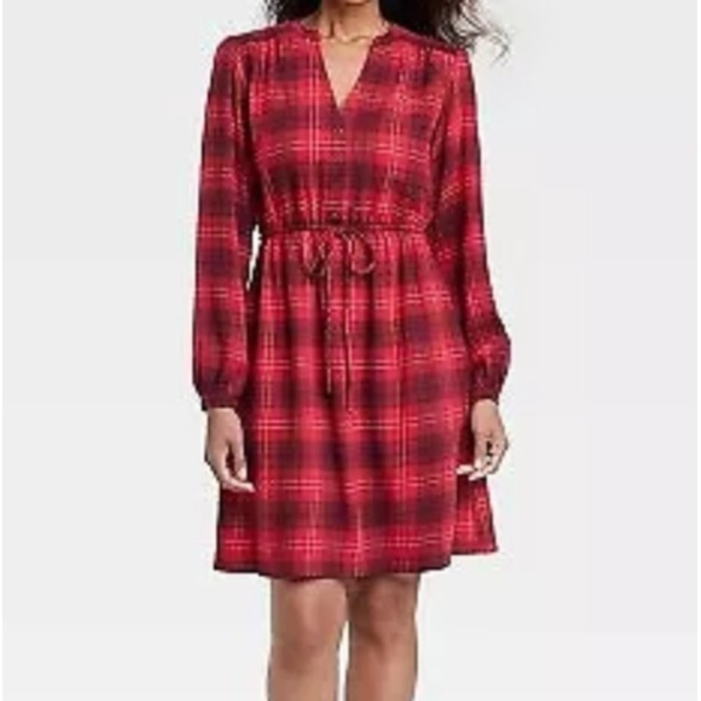 Knox Rose Women's Long Sleeve A-Line Knee-Length Dress, Red Plaid, XS $35